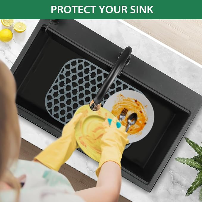 Silicone Sink Protector Mats for Multi-Size Kitchen Sink (16.8"x12.6") | Flexible and durable, heat-resistant, machine washable, non-slip, gray grid.