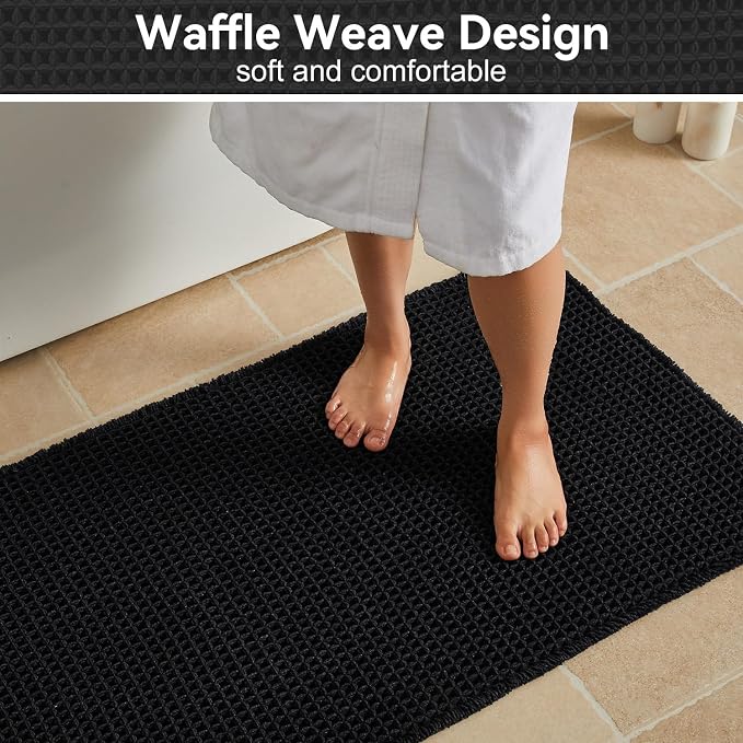 Triohero Waffle Bath Mat, Small Boho Bathroom Rugs Non Slip Washable, Ultra Soft Super Absorbent Quick Dry Farmhouse Bathroom Decor, 16" x 24", Black