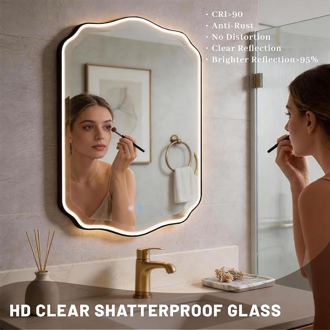 POZINO 36"x24" Scalloped LED Bathroom Mirror with Lights, Black Metal Frame | Beveled Edge, 3 Color Dimmable, Anti-Fog, Memory Function, IP65 Waterproof, Smart Bathroom Vanity Mirror with Front Lights