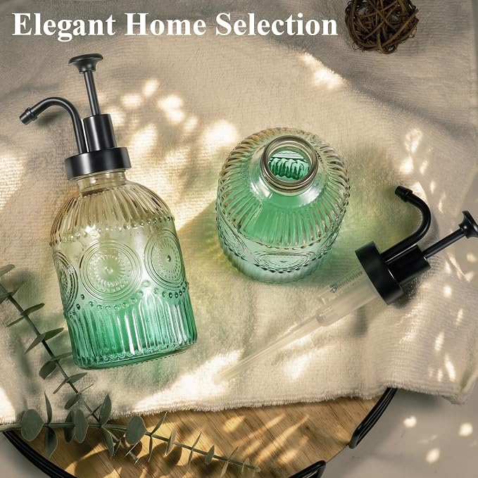 Amolliar 12 Oz Glass Soap Dispenser with Plastic Pump,Green-Gradient,2 Pack | Antique Rustic Hand Liquid Bottle for Bathroom/Kitchen, Vintage/Farmhouse/Boho Style, Pump Dispenser, Refillable