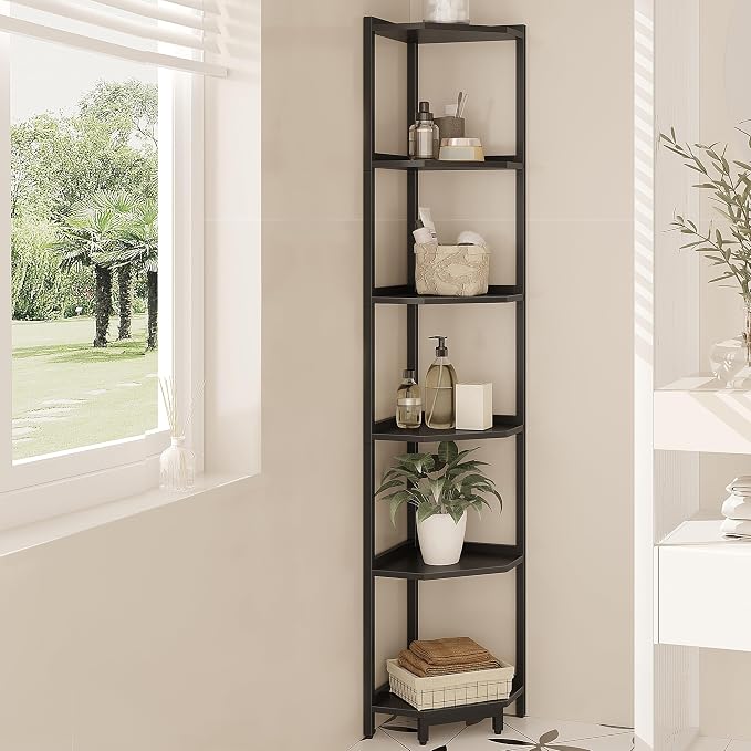 Hzuaneri Corner Shelf Stand 6-Tier Corner Bookshelf Storage Standing Shelf | Bookcase Plant Stand with Metal Frame for Living Room, Home Office, Bedroom, Black CS06006B