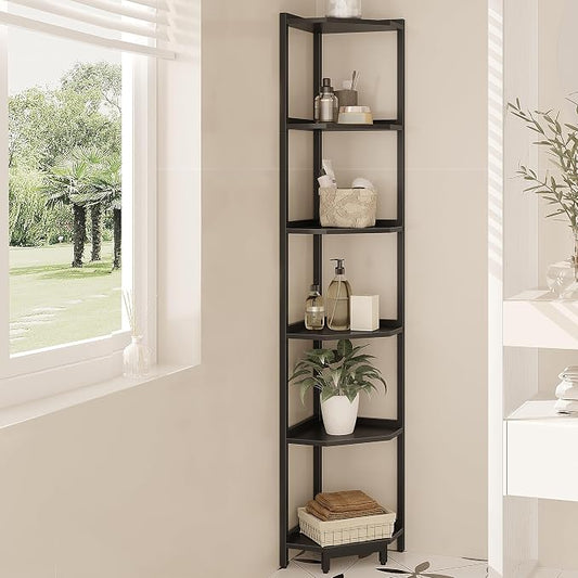 Hzuaneri Corner Shelf Stand 6-Tier Corner Bookshelf Storage Standing Shelf | Bookcase Plant Stand with Metal Frame for Living Room, Home Office, Bedroom, Black CS06006B