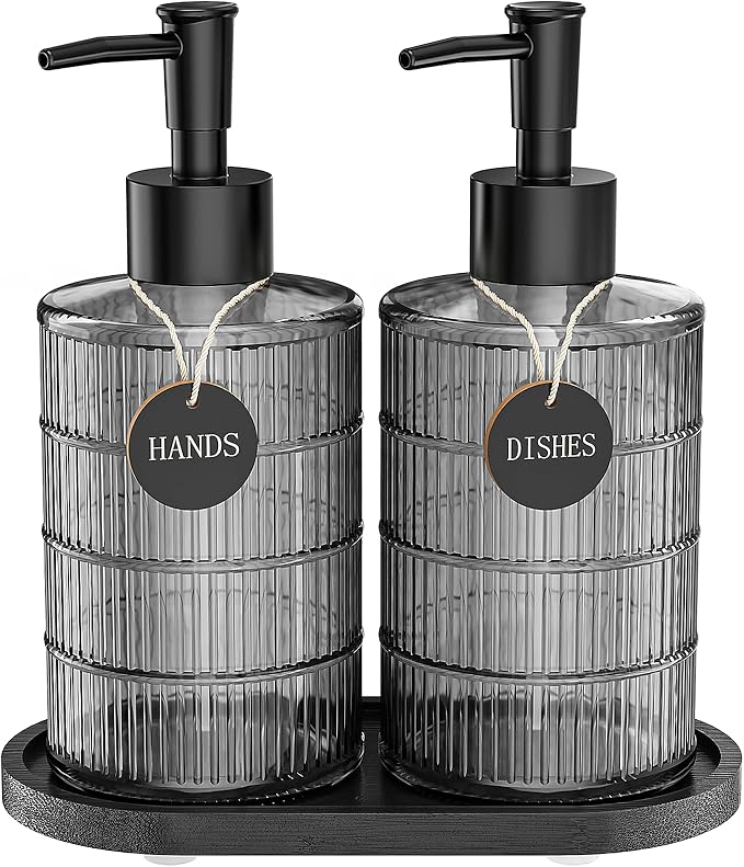 MASADI Soap Dispenser Set with Bamboo Tray, Dish and Hand Soap Lotion Dispenser Set with Wooden Pump for Kitchen and Bathroom Decor for Counter, Modern Vintage Liquid Soap Dispensers (Grey&Black)