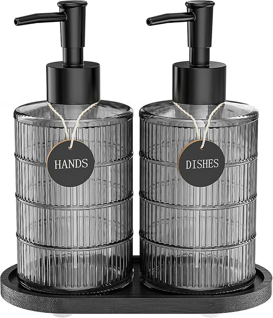 MASADI Soap Dispenser Set with Bamboo Tray, Dish and Hand Soap Lotion Dispenser Set with Wooden Pump for Kitchen and Bathroom Decor for Counter, Modern Vintage Liquid Soap Dispensers (Grey&Black)