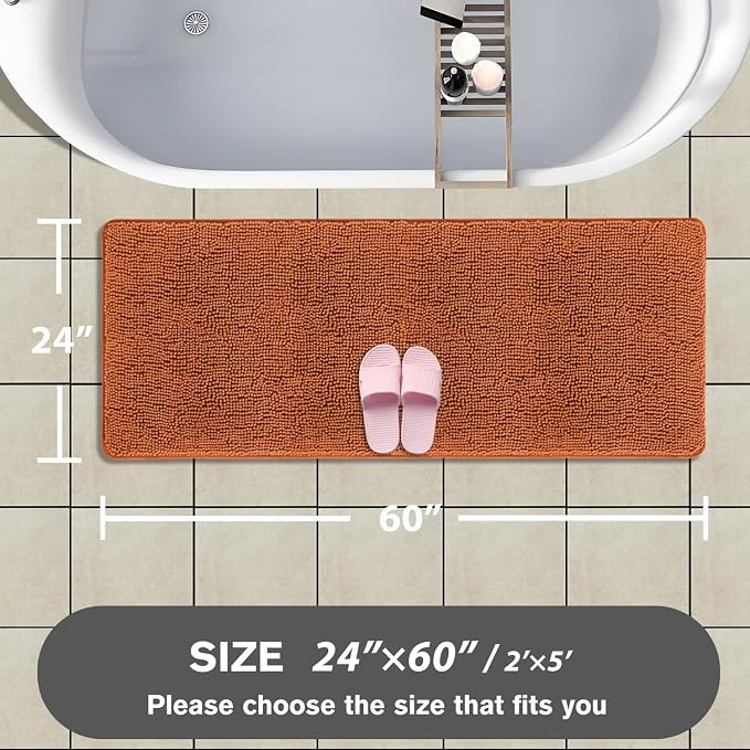 Bathroom Runner Rug 24 x 60 Inch – Extra Large Long Bath Mat | Absorbent and Washable Thick Chenille Bath Rug Non-Slip Runner Rug for Bathroom, Shower, Sink(Burnt Orange)