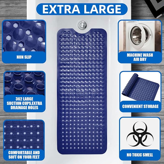 MOONFLY Shower and Bathtub Mat, 40x16 Inches, Navy Blue | Extra Long Non Slip Mats with Suction Cups,Drain Holes, Machine Washable ,Anti Slip Bathmats, Bathroom Mats for Tub Nonslip