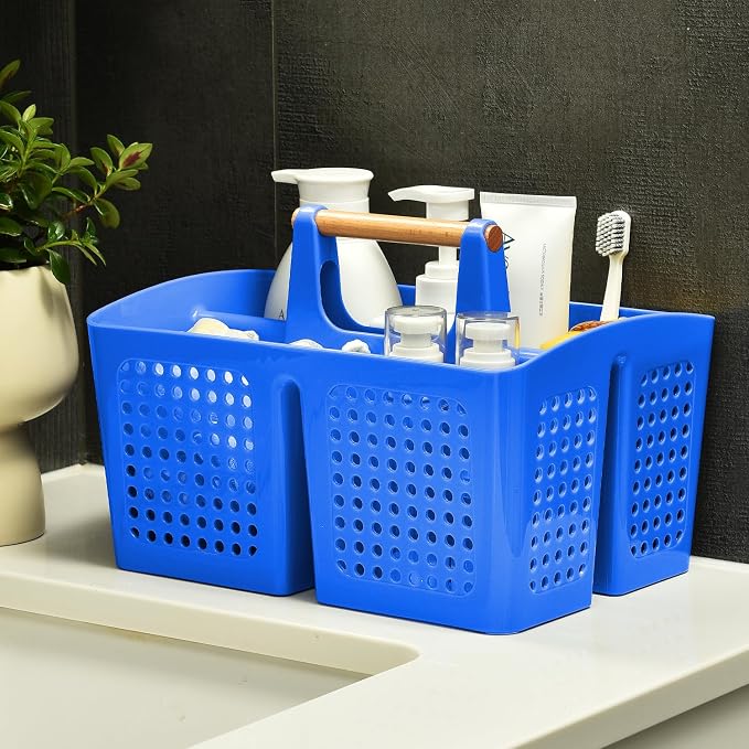 Portable Shower Caddy Basket with 3 Compartments and Handle, Deep Blue | Plastic Divided Toiletry Caddy Organizer for College Dorms, Shared Bathrooms, Gyms, Locker Rooms, Pools and Travel