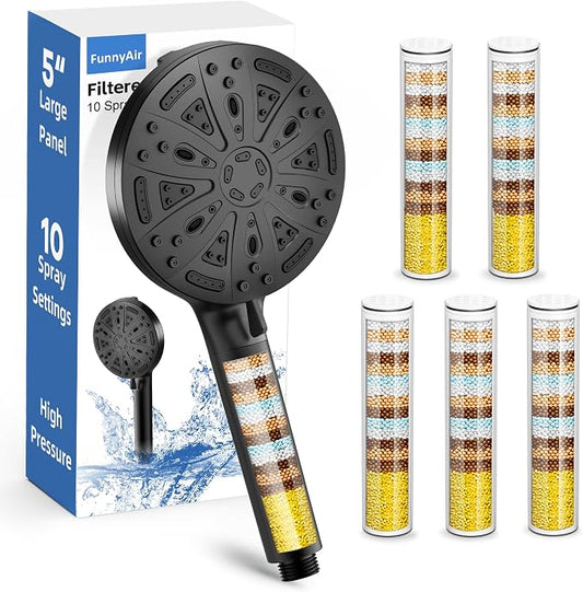 Filtered Handheld Shower Head, 9 Spray Modes High Pressure, 5 Replacement Filters Included, Hard Water Softener 20-Stage Filtration, Remove Chlorine, Relieve Dry Itchy Skin, 5 Filters-Black