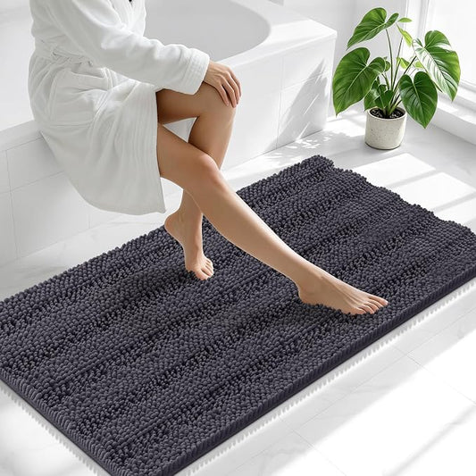 Smiry Thick Chenille Bathroom Runner Rugs 59x20, Soft Bath Mat, Dark Grey | Quick‑Dry & Machine Washable, Non‑Slip Bath Carpet, Striped Bath Rugs for Tub & Shower, Modern Home Decor Accessories