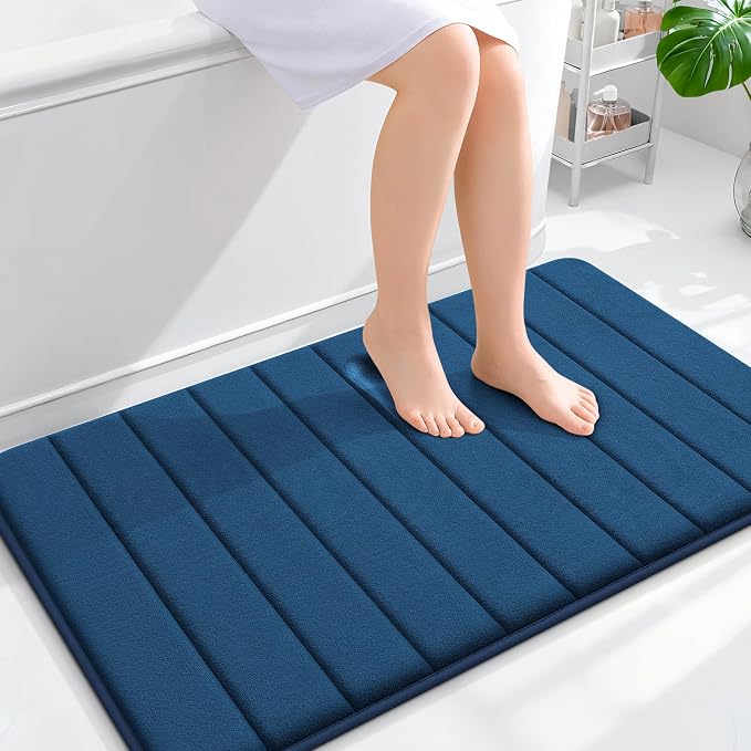 OLANLY Memory Foam Large Bath Mat 40x24, Super Soft Absorbent Bathroom Rugs | Navy Blue, Quick Dry Bath Rug, Machine Washable Shower Floor Mats, Bathmat Carpet for Bathroom Floor, Tub and Shower