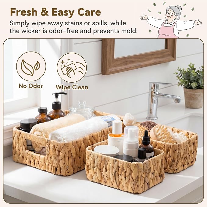 GRANNY SAYS Small Wicker Baskets for Shelves, Water Hyacinth Storage Basket | Small Woven Storage Baskets for Shelf, Rattan Basket for Organizing, Wicker Basket Set, 3-Pack Small Baskets