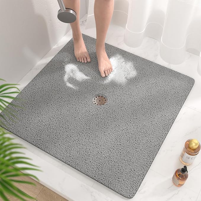 HITSLAM Square Shower Mat, 36 x 36 Inch Non Slip Bath Mat for Tub, Soft PVC Loofah Bathtub Mats with Drain Holes, Quick Drying Bathroom Stall Floor Mat, Bathroom Accessories Without Suction Cup, Grey