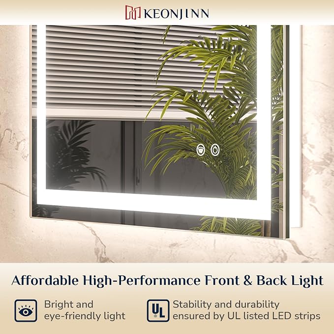 Keonjinn 30x36 Inch LED Bathroom Mirror with Lights, 3-Color Temperature | HD Tempered Grass, Frontlit & Backlit & Stepless Dimmable Lighting, Fast & Safe Defogging, Effortless Installation