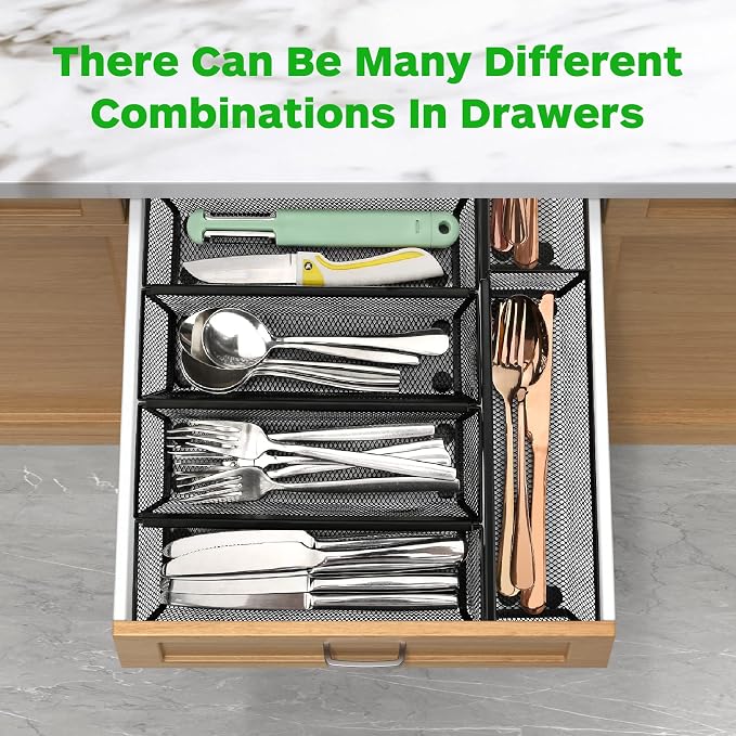 Smgmg Silverware Drawer Organizer, Silverware Organizer for Drawer, 6 Pack Utensil Organizer for Kitchen Drawers, Kitchen Drawer Organizer for Large Utensils with Interlocking Arm (9.6 * 3 * 2 inch)