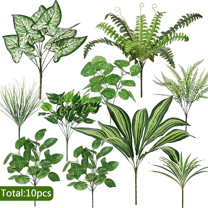 Faux Outdoor Plants, 10 Pcs UV Resistant Artificial Greenery Plants | Realistic Fake Plants, Large Bunches for Outside Patio, Porch, Garden, Window Box, Yard, Spring Summer All Seasons Decor