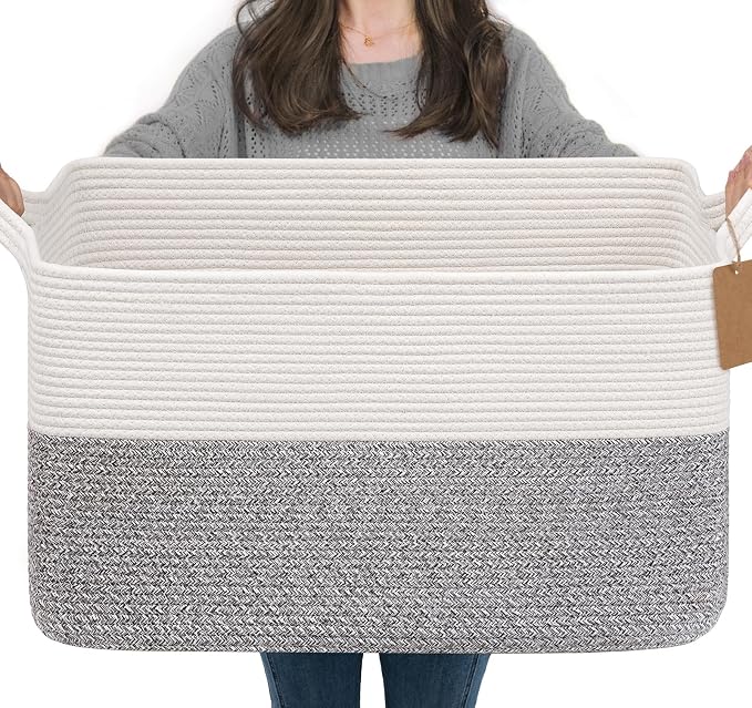 Goodpick Extra Large Woven Rope Storage Basket, Rectangle, Light Gray | 75L, 22 × 17 × 12 in, Cotton Rope, Reinforced Handles, Blankets, Pillows & Clothes Storage, Blankets & Living Room Decor