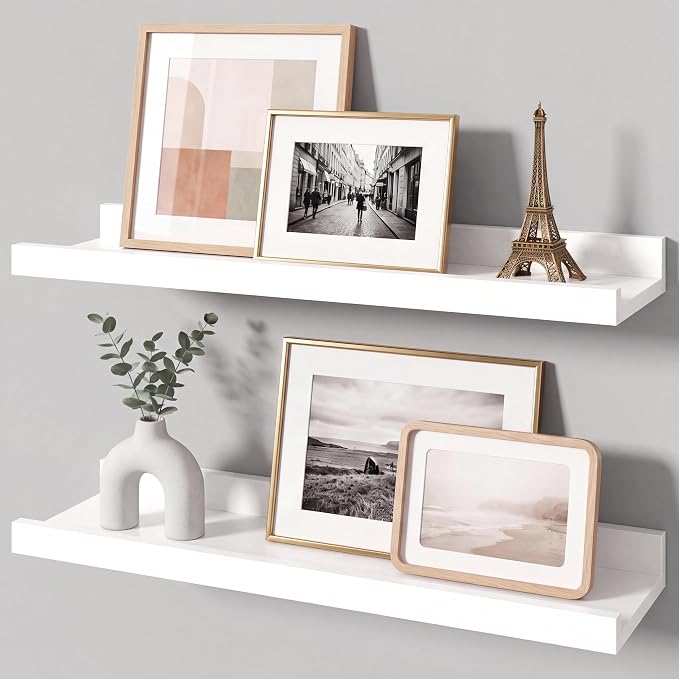 White Picture Ledge Shelves for Wall, 4.5" Deep Wood Floating Shelves with Lip for Bedroom, Living Room, 16" Width, Color White Set of 2