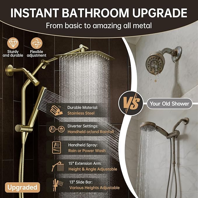 Veken All Metal 10" Luxurious Brushed Gold Rain Shower Head with Handheld | Dual High Pressure Shower Heads,Double Detachable Showerhead, Square Adjustable Rainfall,Bathroom Upgrade,Best Showerheads