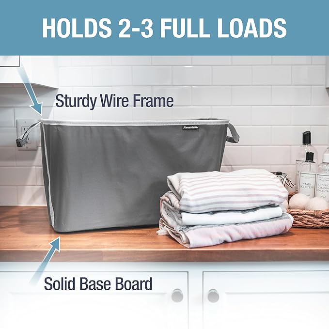 CleverMade Collapsible Laundry Basket, 60L Pop-Up Hamper, 2 Pack, Charcoal | Clear Floor Space Between Laundry Days | Each Basket Holds 55 lb, Stays Upright While Loading, and Folds to 1.25 Inches