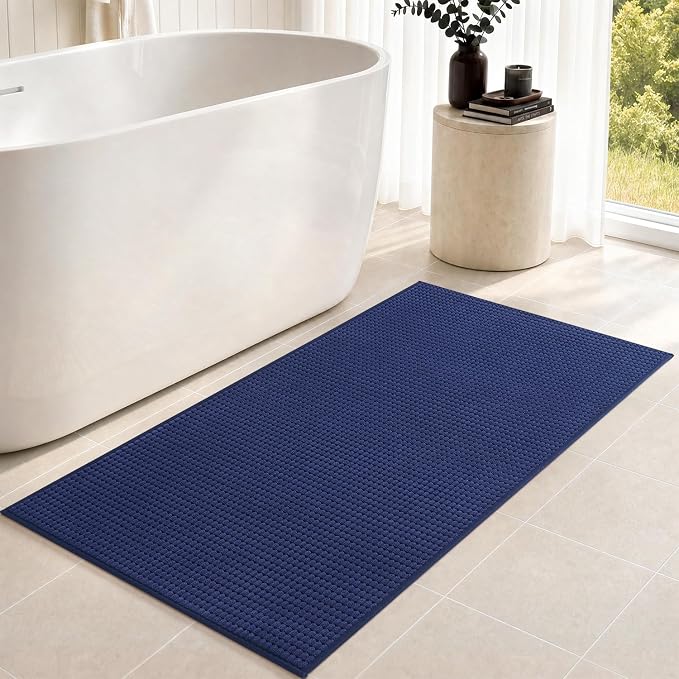 tchdio Bathroom Runner Rug, Absorbent Washable Thin Bath Mat, Non Slip Quick Dry Bath Rugs with Solid Rubber Backing, Low Profile Bath Mat, Blue, 24" x 70"
