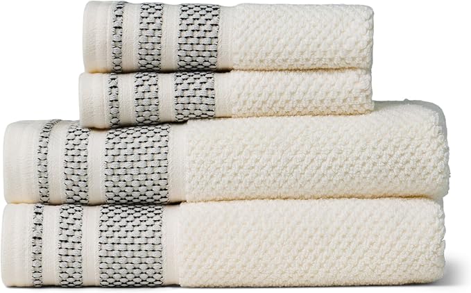 Texere 100% Organic Cotton Rice Weave Jacquard 700 GSM Luxury Bath Towel Set - 2 Hand Towels, 2 Washcloths (Rice Weave, Cream w/Blk, 2 Hand & 2 Wash Towels)