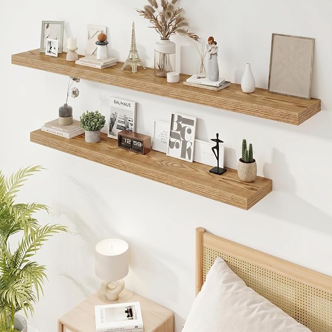 9.25in Depth 72in Floating Shelves, 72x9.25x1.4,Light Brown, Set of 1 | Long Wall Mounted Engineered Wood Shelves with Invisible Brackets for Living Room, Bedroom, Bathroom, Kitchen,
