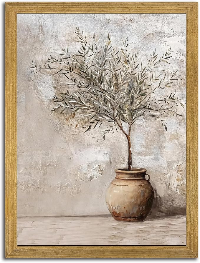 Vintage Olive Tree Canvas Wall Art, Farmhouse Aesthetic Oil Painting, Rustic Potted Plant Wall Decor, Neutral Botanical Print Artwork Picture for Living Room Kitchen Home Decor 12x16 Inch Framed