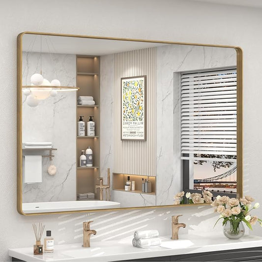 55x40 Inch Gold Bathroom Mirror, Brushed Metal Gold Vanity Mirror | Shatterproof, Anti-Rust, Rounded Corner Large Rectangle Mirror for Wall, Hangs Horizontally or Vertically
