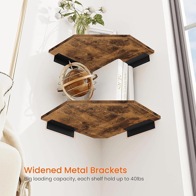 Corner Shelf Wall Mount, Set of 4 Floating Corner Shelves with Cord Hole for Cable Box, Wood Corner Hanging Shelves for Bathroom Bedroom Kitchen, Rustic Brown