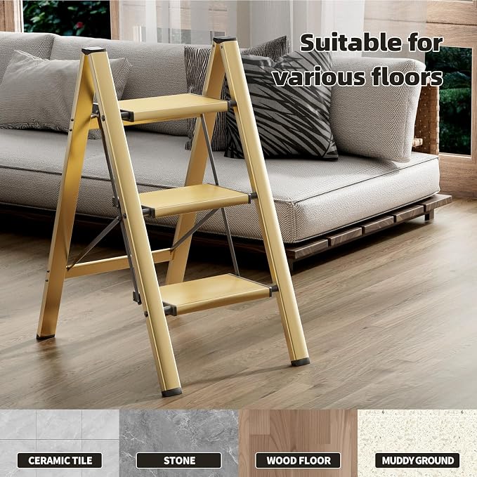 HillhutApex Aluminum Step Stool Foldable,3 Step Ladder (Gold) | Lightweight Portable step ladder with Anti-Slip Wide Pedal,330lbs Capacity Ladder for Household,Office,Kitchen