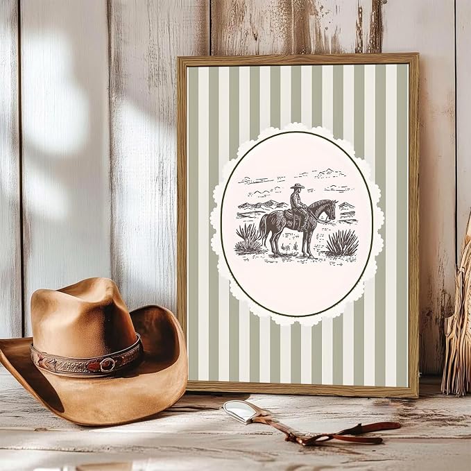 Western Cowboy Wall Art Vintage Southwestern Wall Decor Painting, Retro Rodeo Stripe Poster Canvas Print Picture for Living Room Bedroom 12x16 inch Wood Framed