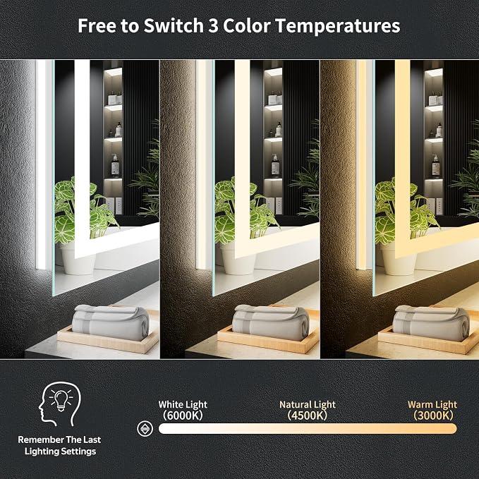 30"x48" LED Bathroom Mirror with Lights, Backlit+Frontlit, Anti-Fog | CRI 95, Stepless Dimmable, 3 Colors Lighting, Shatterproof Tempered Glass, HD Reflection, Memory, (Horizontal/Vertical)