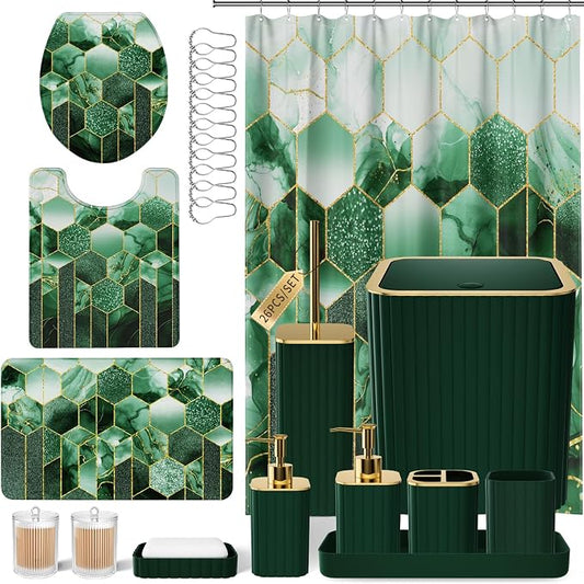 XLHOMO Bathroom Set - 26PC Bathroom Set with Shower Curtain and Rugs, Bathroom Accessory Set, Dark Green Bathroom Accessories Set, Trash Can & Soap Dispenser