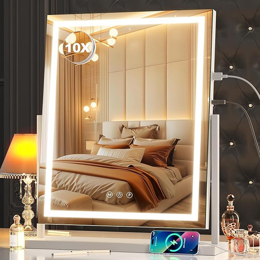 Hasipu Professional Large Vanity Mirror with Lights, 17"x22" Vertical LED Makeup Mirror with 10X Magnification, Smart Touch Control Dimmable 3 Modes Light 360°Rotation for Dresser