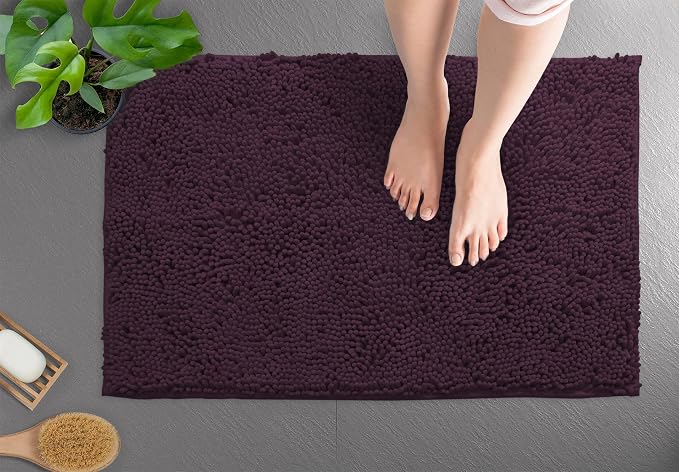 LuxUrux Bath Mat, Extra-Soft Plush Non-Slip Bathroom Rug, Luxury Chenille Microfiber Material, Super Absorbent Shaggy Bath Rug. Machine Wash & Dry (17 x 24 inches, Plum)
