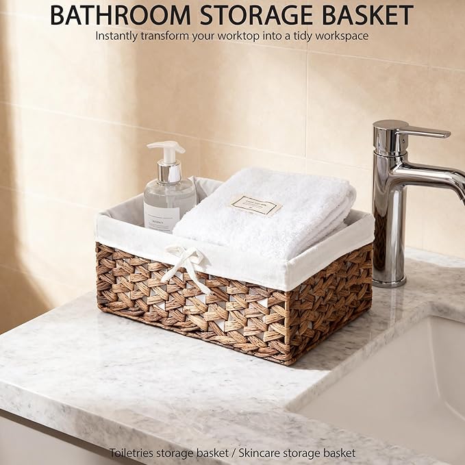 Rectangular Woven Seagrass Storage Bins with Handle,Kingwillow. (water hyacinth, Medium)