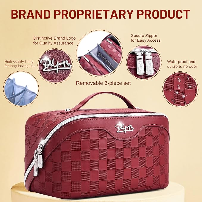 BOYATU Travel Makeup Bag Organizer: 180°Open-Flat 3 Pcs Make up Bags Set | Large Capacity Holds 10–20 Full-Size Bottles for 3–15 Day Trips Travel Essentials - Cosmetic Toiletry Case Gift Women(Red)