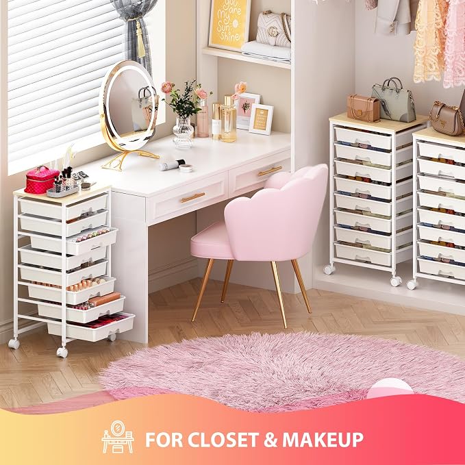 Goovilla Rolling Cart with 8 Drawers for Art, Dorm, Office, Craft, White | Utility Cart Organizer With 8 Removable Drawers and Wooden Tabletop, Lockable Rolling Storage Organizer for Classroom, Home