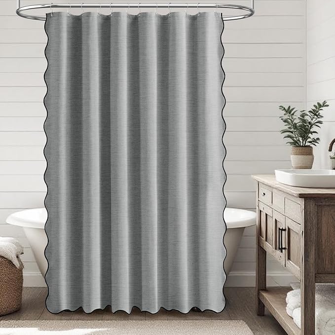 Grey Boho Scalloped Linen Textured Cloth Shower Curtain, 72x72, Gray | 230GSM Waterproof Polyester, Heavy Duty Fabric, 12 Plastic Hooks, Modern Farmhouse Style, Machine Washable, Bathroom Decor