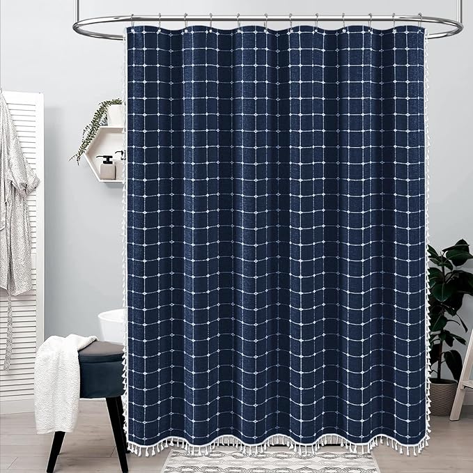 60x72 Boho Farmhouse Linen Heavy Duty Shower Curtain Set, Navy Blue | Narrow Size, 330GSM Linen Blend, 3-side Tassels, Water Repellent Fabric, 10 Plastic Hooks, Rustic Bohemian, Machine Washable