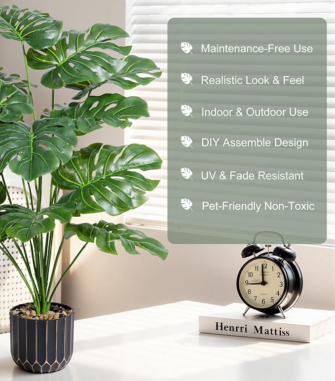 florisso 28" Fake Plants Artificial Monstera Plant Tall Faux Plants | Indoor Outdoor Tree, Fade-Resistant, Zero Maintenance, Premium Durable for Living Room Bedroom Home House Decoration