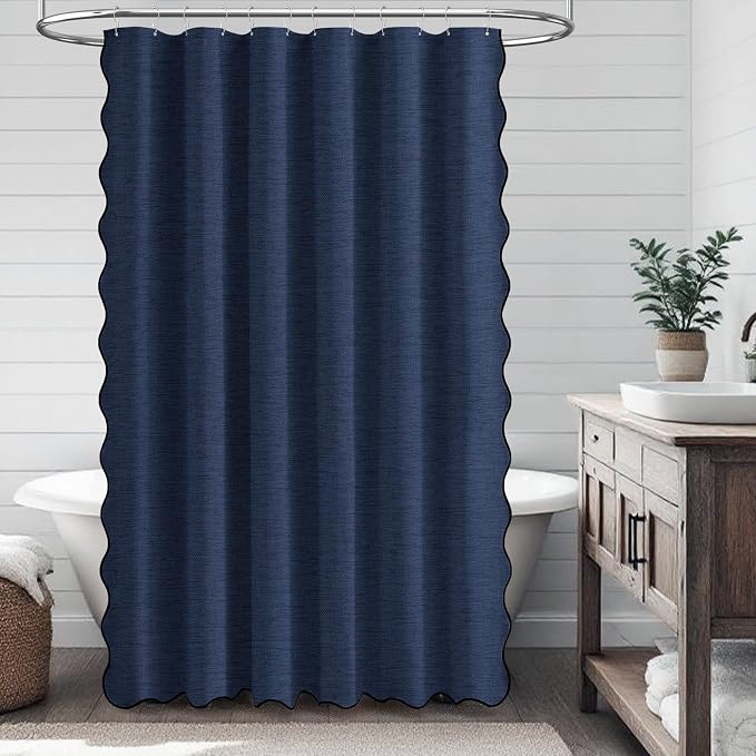 72x78 Boho Scalloped Linen Textured Cloth Shower Curtain, Navy Blue | Long Size, 230GSM Waterproof Polyester, Heavy Duty Fabric, 12 Plastic Hooks, Elegant Modern Farmhouse Style, Machine Washable