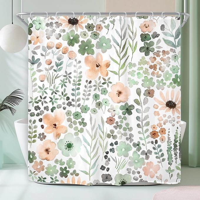 Green Gray Floral Colorful Cute Wildflower Boho Bathroom Shower Curtain Set | 72"W x 72"H Watercolor Funky; waterproof HD print, quick-dry fabric with 12 hooks for easy hanging.