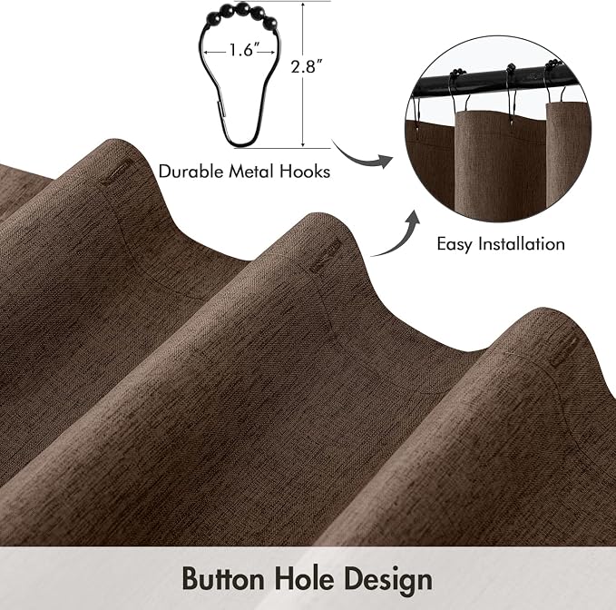 ANRODUO Brown Linen Textured Fabric Shower Curtain Set - W72xL84 | Farmhouse Shower Curtain with 12 Metal Hooks, Waterproof Heavy Duty, Button Hole Design, Machine Washable for Bathroom