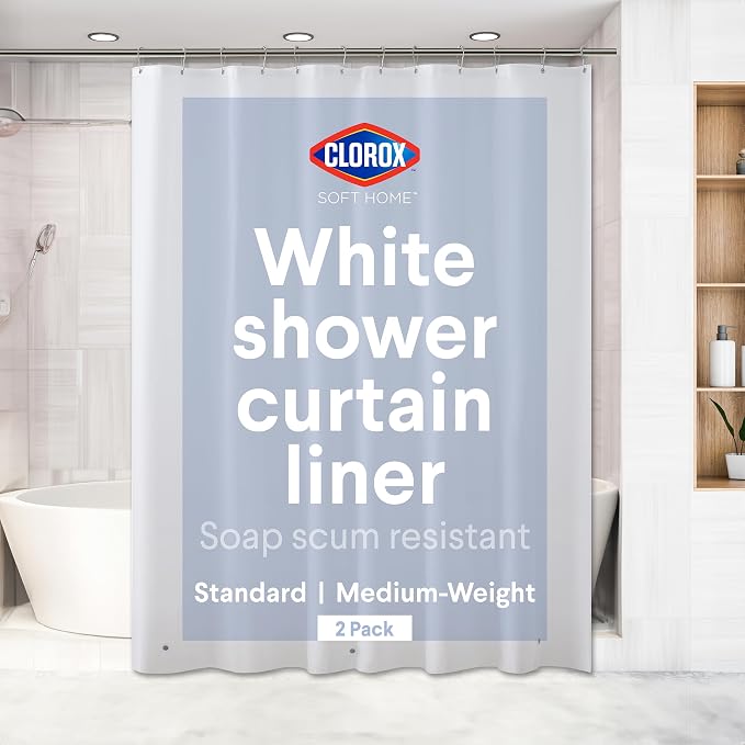 Clorox Shower Curtain Liner, Premium Medium-Weight Flexible Waterproof 6g PEVA for Bathroom with Weighted Magnets, Standard Size 72" x 72", White 2 Pack