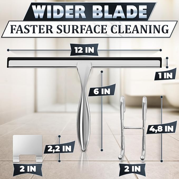12 in Bathroom Squeegee for Shower Glass, Stainless Steel (Silver) | Shower Squeegee for Glass Doors, Silicone Blade, Adhesive and Hanging Hooks, for Bathroom, Mirror, Tile, Window, and Car