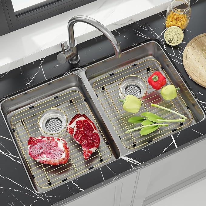 Slideep Sink Bottom Grid for Kitchen, Stainless Steel Sink Protector Metal Sink Grate with Rear Hole, 13"L x 11.6"W, Gold