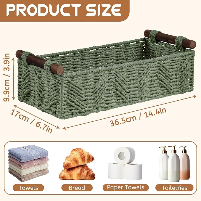 Toilet Paper Storage Basket for Bathroom Countertop Baskets for Organizing | with Handle for Bathroom Bedroom Home Decor Small Basekt for Shelves Apartment Countertop Use,Green