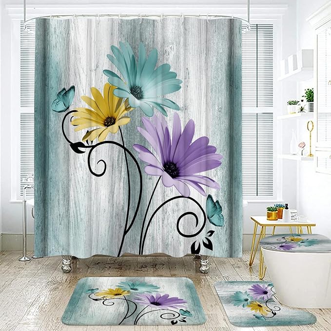 Onalasyc 4PCS Blue Green Daisy Bathroom Sets with Shower Curtain and Rugs | Country Floral Butterfly Shower Curtain Set,Modern Bathroom Decor Shower Curtains Set with Rugs Toilet Lid Cover and 12 Hooks