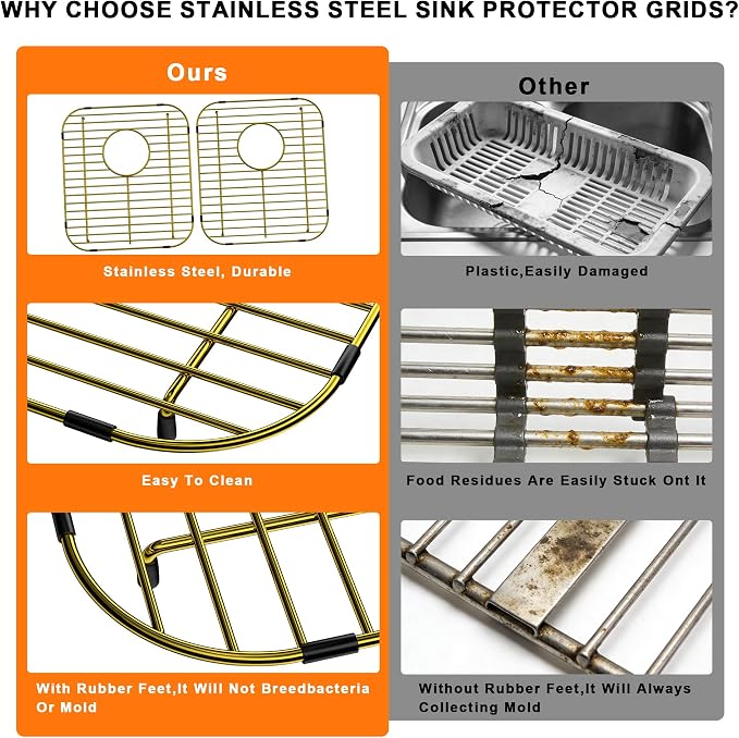 SANNO Sink Bottom Grid for Kitchen, Sink Protectors with Rear Drain Hole for Double Sink,Stainless Steel,13" L x 11.6" W